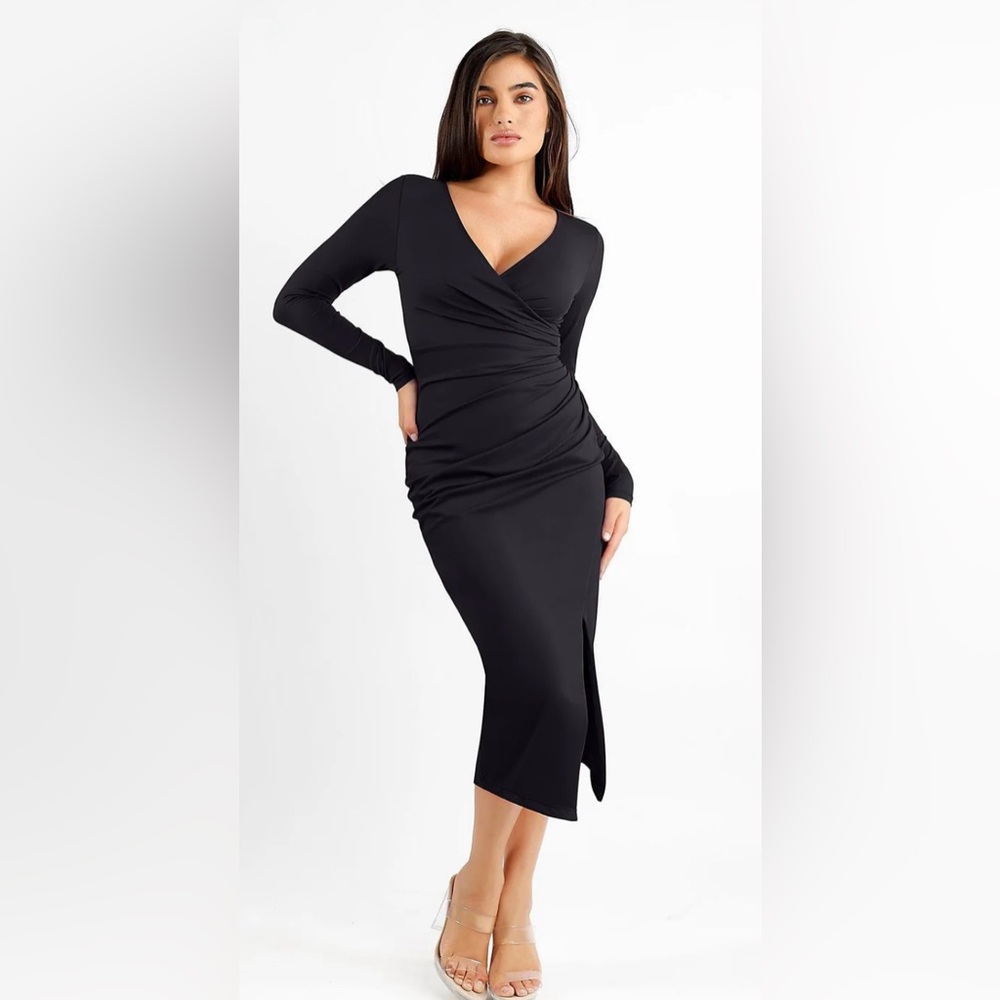 NWT Popilush Size L Shapewear Ruched Long Sleeve Faux Wrap Slimming Midi Dress